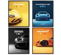 4 Sports Car Posters - Sports Car Poster Bundle, Cool Car Posters, Car Posters for Boy’s and Men’s Birthday, Office, Bedroom, Living Room, Racing Car Wall Art for Boys Bedrooms (Unframed 11x14inch,