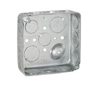 4'' Square Electrical Box, Drawn Construction, Ten 1/2'' and Six 3/4'' Knockouts, Raised Ground, 21.0 Cu. in. Capacity, 1-1/2'' Deep, Galvanized Steel, Combination Screw Heads