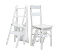 4-Step Folding Stepladder - Solid Wood Library Chair & Display Stand Dual Purpose for Home Office Kitchen Flower Shelf - Stylish White Design