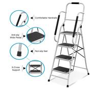 4 Step Ladder Folding Safety Stool Non Slip Tread Steel Foldable With Handrail
