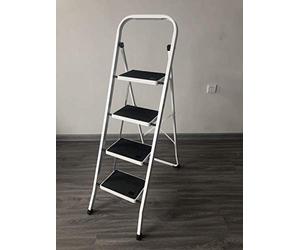 4-Step Ladder Steel Folding Portable Wide Non-Slip Rubber Tread Heavy Duty 150kg Capacity, 5 Year Warranty