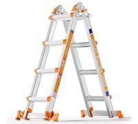 4 Step Ladder with Multiple Positions, 4.2 m Sliding Ladder with Stabiliser and Wheels, 150 kg Safety Load, One Frame Ladder for Stairs, Home, Indoor, Outdoor, Roof