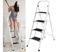 4 Step Steel Ladder, Portable Foldable 4 Step Steel Ladder Non Slip Tread Stepladder Safety Folding Heavy Duty Step Stool, Easy to Store, ideal for Home/Kitchen/Garage 150KG Max Capacity