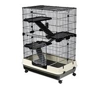 4 Tier 32in Small Animal Cage with Adjustable Height,Lockable Wheels,1cm/0.4in Bar Spacing,and Multi Access Design - Removable Trays,Safety Ramps,for Rabbits,Guinea Pigs,Ferrets (Black)