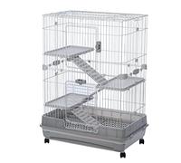 4 Tier 32in Small Animal Cage with Adjustable Height,Lockable Wheels,2.1cm/0.8in Bar Spacing,and Multi Access Design - Removable Trays,Safety Ramps,for Rabbits,Guinea Pigs,Ferrets (Gris)
