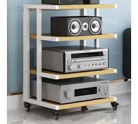4-Tier Audio Stand Rack - AV Cabinet with Brake Wheels Media Storage for Stereo Components Open Audio Tower Corner Rack Stylish White & Walnut Finish