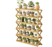 4-Tier Bamboo Plant Stand - Folding Rack for Indoor/Outdoor Use Multi-Purpose Flower Pot Holder Shelf for Garden Patio Balcony - Natural 50cm Height