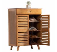 4 Tier Bamboo Shoe Cabinet with Doors Drawer, Slim Entryway Storage Organizer for Hallway Living Room Bedroom, Dustproof Wood Console Table with Top Shelf, Anti-Tip Design, Easy Assembly