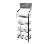 4-Tier Black Metal Snack Display Stand & Food Organizer - Heavy Duty 22lbs/Tier Countertop Shelf with 10 Hooks & Wheels, Freestanding Store Display for Candy, Kitchen, Office - Easy to Assemble, Moder