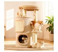 4-Tier Cat Tree Tower with Sisal Scratching Posts Resting Platform Cozy Hideaway Cabin Includes Teaser Ball Beige Cats Tower Space-Saving Design Sturdy Triangular Base for Multiple Cats