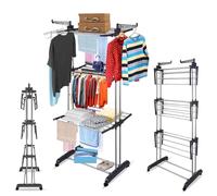 4 Tier Clothes Drying Rack - Foldable Adjustable Laundry Airer with Side Wings & Lockable Wheels - Indoor Outdoor Clothes Horse - Heavy Duty Portable Laundry Hanger Stand - Space Saving & Durable