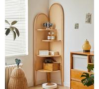 4-Tier Corner Bookshelf, Rattan & Solid Wood Bookcase with Sturdy Thickened Layers, Freestanding Storage Shelf for Living Room, Home Office, Small Space