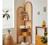 4-Tier Corner Bookshelf, Rattan & Solid Wood Bookcase with Sturdy Thickened Layers, Freestanding Storage Shelf for Living Room, Home Office, Small Space