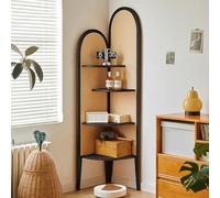 4-Tier Corner Bookshelf, Rattan & Solid Wood Bookcase with Sturdy Thickened Layers, Freestanding Storage Shelf for Living Room, Home Office, Small Space