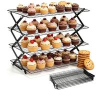 4 Tier Cupcake Stand,42x25cm Adjustable Stainless Steel Serving Display Stand,Foldable Non-Stick Wire Cake Rack,Space Saving Kitchen Baking Accessories for Muffin, Cookies & Biscuits Pizza