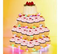 4 Tier Cupcake Stand Acrylic Square Cupcake Tower Display with LED Light Cupcake Holder Dessert Tower Pastry Stand Cupcake Display Stand for Wedding Birthday Baby Shower Party(Colorful)