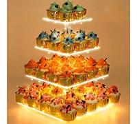 4 Tier Cupcake Stand Acrylic Tower Display with LED Light Premium Holder Dessert Tree Tower for Birthday Cady Bar Décor Weddings, Parties Events (Yellow Light)
