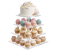4 Tier Cupcake Stand, Square Acrylic Cake Display Stand, Reusable Transparent Cake Dessert Holder, for Wedding, Party,Birthday,Shower, Halloween,Christmas (Transparent - Square)