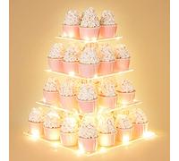 4 Tier Cupcake Stand with LED String Light, Acrylic Cupcake Display Stand, Square Cupcake Tower Holder, Cup Cake Stand for Birthday, Wedding, Baby Shower, Party