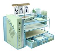 4 Tier Desk File Organiser with Extra Vertical File Sorter, Paper Letter Tray with Top Stationery Drawer Holder, A4 Paper Desktop Filing Trays, Magazine Document Holder for Home Office, Sky Blue