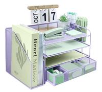 4 Tier Desk File Organiser with Extra Vertical File Sorter, Paper Letter Tray with Top Stationery Drawer Holder, A4 Paper Desktop Filing Trays, Magazine Document Holder for Home Office, Purple