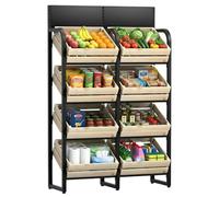 4-Tier Double Wide Arched Wooden Fruit & Vetable Display Rack - Slish Market & Farm Sto nizer, Versatile Retail Basket nd (Black & Natural h)