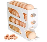 4 Tier Egg Holder For Fridge Visibility Automatic Rolling Stackable Egg Rack for Holds 30 Eggs Keeping Freshness Egg Dispenser for Refrigerator Countertop Cabinet (White) Egg Container For Refrigerat