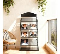 4-Tier Floor-Standing Magazine Rack Black Metal Information Rack Storage Rack Newspaper Rack Display Rack Manual Book Rack Single Page Simple Bookshelf for Library Bookstore Reading Corner (Black)