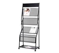 4-Tier Floor-Standing Magazine Rack with Wheels, Iron Brochure Display Stand for Exhibitions, Events, and Document Organization - Portable & Durable