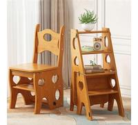 4 Tier Folding Wooden Step Stool Ladder Chair - 3-in-1 Multifunctional Walnut-Colored Design with Backrest, Wide Steps, 150kg Load Capacity, Portable for Kitchen/Bookshelf/Plant Stand (Teak)