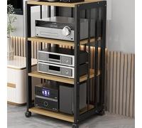 4-Tier Hifi Audio Stand - Mobile Media Storage Rack with Locking Wheels, Perfect Record Player & Game Console Shelf, Black & Light Walnut Finish for Optimal Organization
