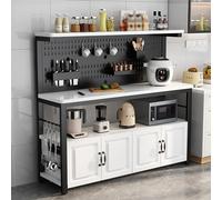 4-Tier Industrial Kitchen Baker's Rack with 4 Doors Cabinet, Large Worktop Microwave Oven Stand, Coffee Bar Table, DIY Perforated Backboard, Size: 160x40x140cm, White & Black