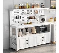 4-Tier Kitchen Baker's Rack with 4-Door Cabinet Industrial Microwave Oven Stand Coffee Bar Table & DIY Worktop White 120x50x140cm - Perfect for Small Spaces.