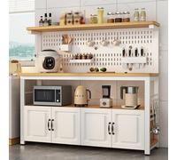 4-Tier Kitchen Baker's Rack with 4 Doors, Industrial Microwave Oven Stand, Large Worktop Coffee Bar Table, DIY Perforated Design, Beige & White, Size: 120x50x140cm