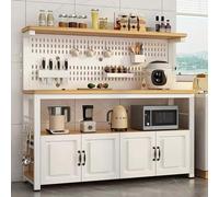 4-Tier Kitchen Baker's Rack with 4 Doors Microwave Stand & DIY Perforated Backboard 47.2in White & Light Wood Space-Saving Storage Stylish Kitchen