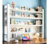 4-Tier Metal Desk Shelf with Pegboard & Accessories - DIY Study Table, White 29.5"x10"x48.5", 2/3/4 Level Opts, Ideal Home Office Sto & Bookcase Solut