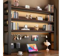 4-Tier Metal Desk Shelf with Pegboard & Accessories, Space-Saving Bookcase Organizer for Office & Study, DIY Desktop Storage, Black & Oak, 53.2x10x48.5 cm