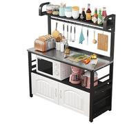 4-Tier Microwave Storage Rack with Open Shelves Black Frame Kitchen & Dining 4 Hooks Multi-functional Workstation for Home Use