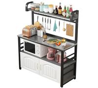 4-Tier Microwave Storage Rack with Open Shelves & Cabinet Compact Kitchen Workstation for Home & Dining Black & Gray Frame Includes 4 Shelves