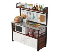 4-Tier Microwave Storage Rack with Open Shelves & Hooks - Modern Black Frame & Teak - Ideal for Home & Dining Room n