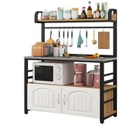 4-Tier Microwave Storage Rack with Open Shelves Versatile Black Wood Dining Cabinet Multi-Functional Workstation with 4 Hooks for Home n