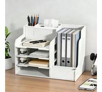4-Tier Office White Letter Tray Desk Office Organizer A4 File Holder Paper Sorter with Vertical Horizontal Letter Rack with Pen Holder & Tissue Box, Desktop Organiser for Home School Office Storage