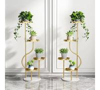 4 Tier Plant Stand Indoor - Metal Corner Plant Holders Tall for Multiple Plants - Marble Base Tiered Flower Display Shelf Iron Rack for Outdoor Patio Porch Gard(Gold-A pair)