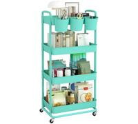 4-Tier Plastic Rolling Storage Cart Utility Cart with Extra Hanging Cups Handles Lockable Wheels for Living Room Bathroom Office Green