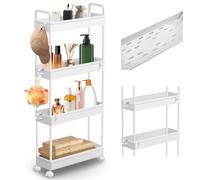 4-Tier Plastic Rolling Storage Cart Utility Cart with Extra Hanging Hooks Handles Lockable Wheels for Living Room Bathroom Kitchen Office