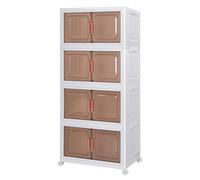 4-Tier Plastic Storage Bins with Lids, Foldable Stackable Organizer Drawers with Magnetic Doors & Wheels, Transparent Tawny Design for Bedroom & Living Room Storage