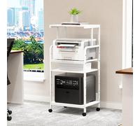 4-Tier Printer Stand, Large Printer Table on Wheels, Movable Printer Stand with Storage, Rolling Printer Cart for Fax Scanner Files Media Player, Multifunctional Trolley for Office Home Kitchen, White