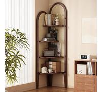 4 Tier Rattan Corner Shelf Stand, Living Room Multi-Tier Corner Organizer, 90° Right Angle Design, Rounded Corners Design, Fits Tight Spaces(Brown)