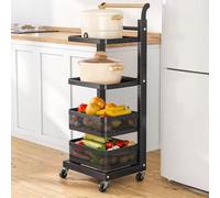 4-Tier Rolling Metal Storage Cart for Kitchen Bathroom & Fruit nizer Black - Includes 2 Boards & 2 Baskets Versatile Utility Shelf for Home & Office