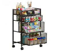 4-Tier Rolling Utility Cart with 3 Drawers, Craft Organizer and Storage with DIY Divider, Art-Craft Supplies with Caster Wheels, Multi-Functional Storage For Classroom, Office, Paints, Artifacts